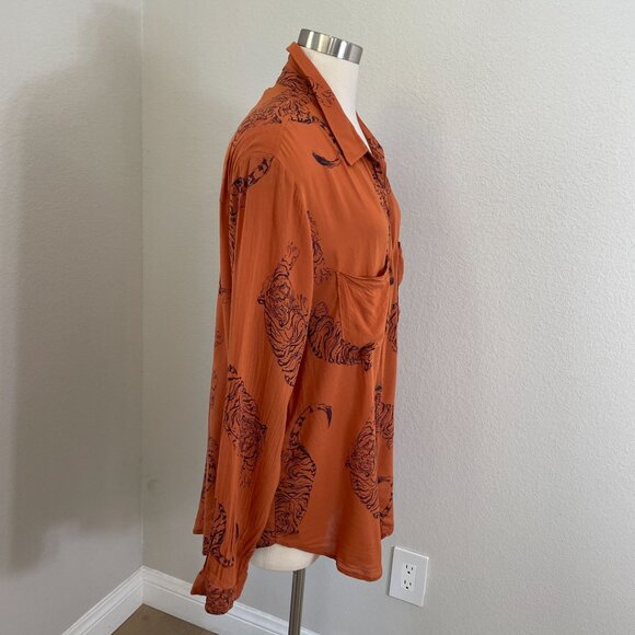 Pilcro Womens XL Rust Orange Tiger Print Button Up Blouse Long Sleeve Shirt - Picture 3 of 13